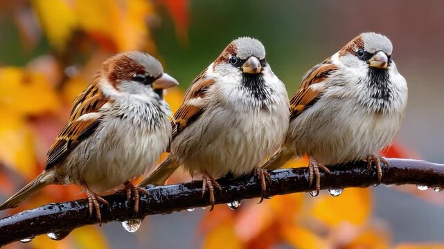 Three Sparrows on a Branch: A trio of small sparrows, their feathers ruffled by a gentle autumn breeze, perch together on a rain-kissed branch adorned with colorful leaves.