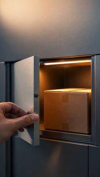 Person opening a modern automated parcel locker door to retrieve a cardboard delivery box