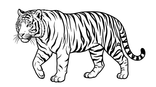 Walking Bengal Tiger Line Art Vector Illustration Tiger Coloring Page Isolated on White Background