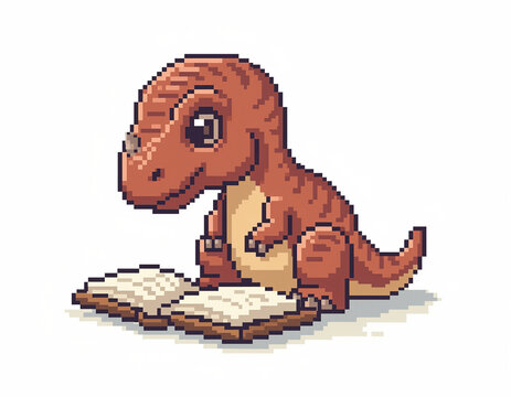 Cute pixel art baby dinosaur sitting and reading an open book illustration