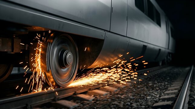 Modern train wheel braking on tracks creating sparks at night motion