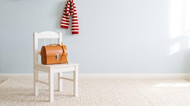 Vintage leather lunchbox and yellow pencil on white child chair back to school