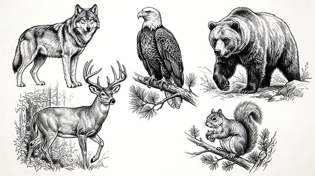 North American Wild Animals Hand Drawn Pencil Sketch Collection Vector Illustration set with Wolf, Grizzly Bear, Deer, Eagle, and Squirrel