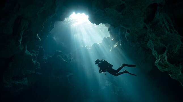 Scuba diver exploring a dark underwater sea cave with light rays above