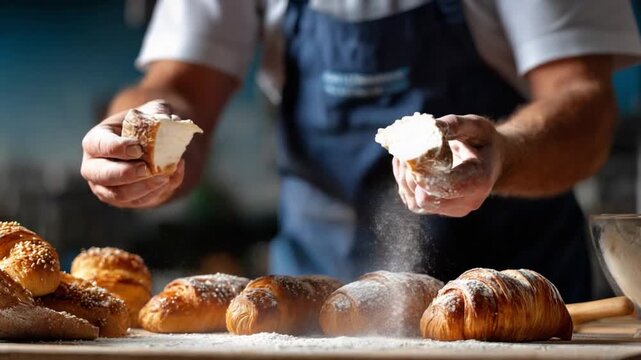 Baker Preparing Bread: A baker, hands dusted with flour, meticulously prepares fresh bread and pastries in a warm, inviting bakery setting.