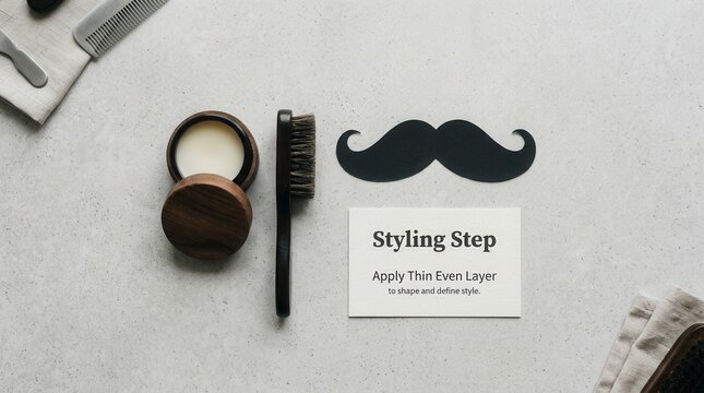 Professional men grooming collection featuring moustache cutout, pomade jar, beard brush and styling guide on stone background, ideal for masculine beauty products and barbershop services advertising.