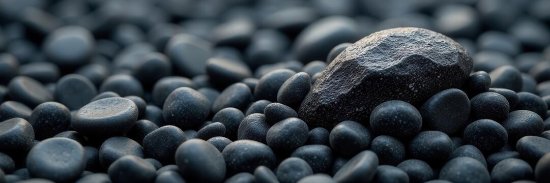 Pile of smooth, black gravel; rounded stones sorted by size , illustration, smooth rocks
