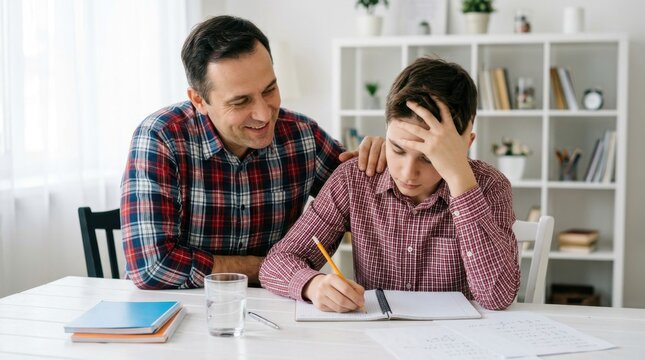 Supportive father helping stressed teenage son with difficult school homework at home, caring dad encouraging frustrated boy during study session in bright room, representing family bond