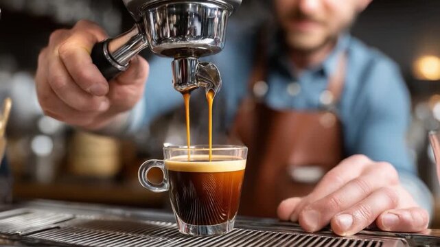 Espresso extraction: A skilled barista prepares a perfect shot of espresso, the rich dark liquid cascading into a clear glass cup.