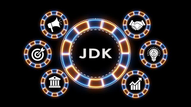 Java development kit jdk software concept icons animation in futuristic neon rings.