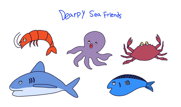 Dearpy Sea Friends 멍청한 해양동물 낙서 해양생물 물거기 새우 상어 문어 고등어 꽃게