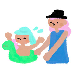 浮き輪で泳ぐ親子のイラスト © koti