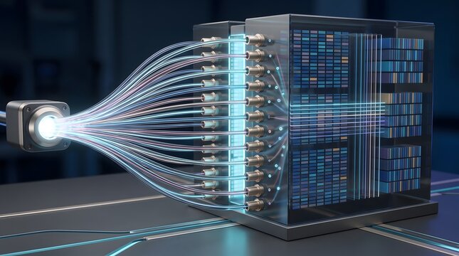 High speed optical network transmission featuring glowing data cables feeding into a futuristic transparent storage cube
