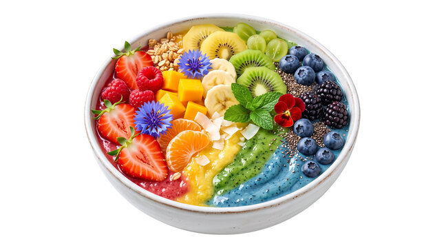 Rainbow smoothie bowl with fresh tropical fruit, healthy breakfast acai bowl with berries and kiwi, vibrant vegan fruit bowl for wellness isolated PNG with Transparent Background
