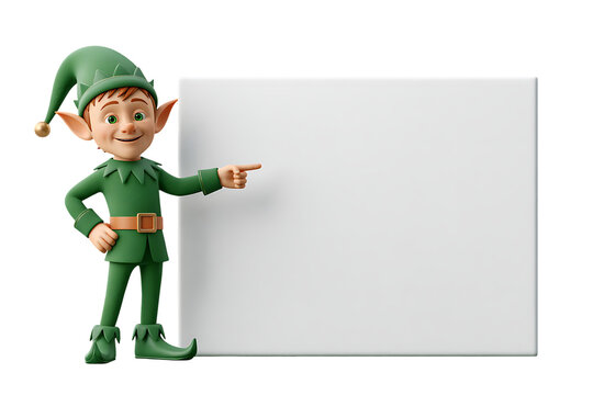 Cute Christmas elf pointing at blank white banner sign isolated on transparent background