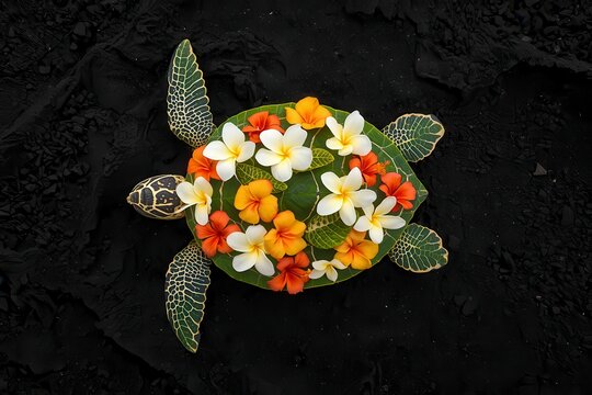 Top down flat lay composition of a sea turtle shell decorated with vibrant plumeria and frangipani flowers on dark black sand background