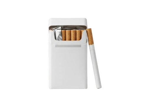 Empty cigarette pack with box and lighter on table isolated on transparent background