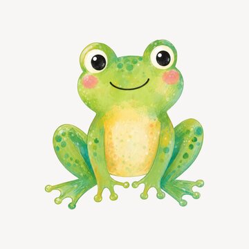 A charming and friendly watercolor-style green frog illustration with rosy cheeks, perfect for children's designs, stickers, and whimsical digital art projects.