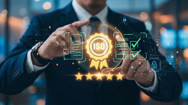 Professional businessman in suit interacting with ISO certification digital interface hologram representing quality assurance, compliance, and excellence.