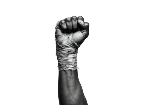 Fist raised with wrapped bandages showing strength and resilience isolated on transparent background