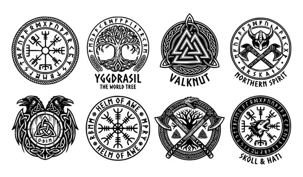 Ancient Nordic occult symbols vector collection with Viking runes and gothic Scandinavian emblems