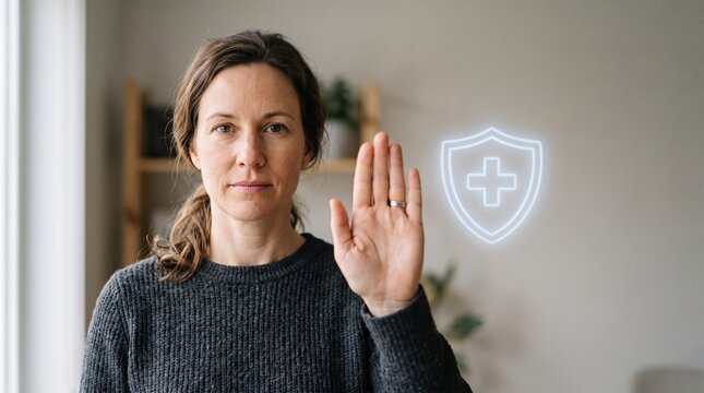 Woman raising hand in gesture of protection with medical shield icon for health safety