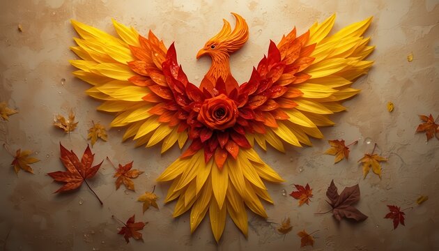 Majestic firebird phoenix sculpture created with vibrant yellow petals, red rose center, and autumn maple leaves on a beige stucco background