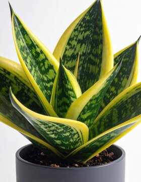 Tall, sword-shaped leaves with green and yellow variegated patterns in a pot