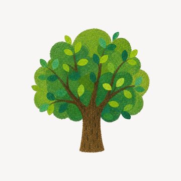 A charming, textured green tree illustration with a thick brown trunk and lush foliage, isolated on a transparent background for design projects.