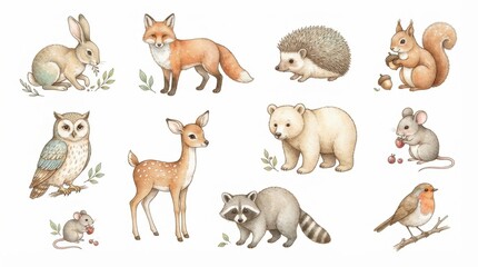 Fototapeta premium Adorable Forest Animals Collection: Fox, Rabbit, Bear Cub, Owl, Deer, Squirrel, Hedgehog, Raccoon, Mouse, Robin
