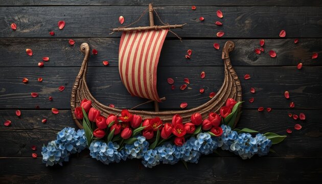 Creative flat lay art of a wooden Viking ship filled with red tulips and blue hydrangea flowers as ocean waves on dark wooden background