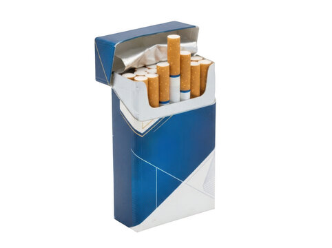 Pack of cigarettes in a blue and white cardboard box isolated on transparent background