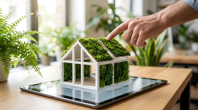 Eco friendly architectural design concept showing hand pointing at green moss house model on digital tablet with blueprints