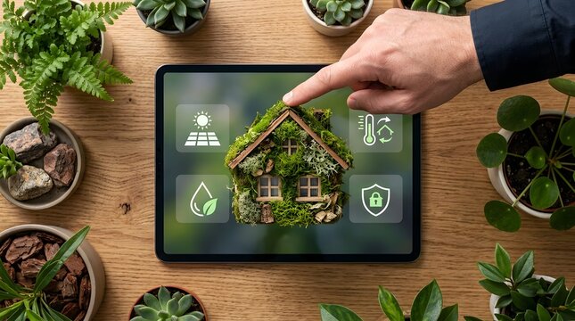 Smart home energy management application on tablet displaying eco friendly green house model with automation icons