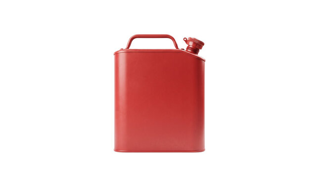Red metal jerrycan for fuel storage, industrial steel gasoline canister with handle, vintage style emergency petrol container for automotive use isolated PNG with Transparent Background