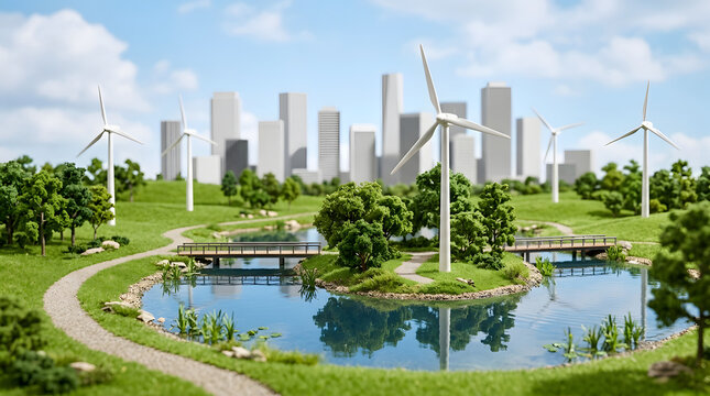 Renewable energy infrastructure in sustainable eco city diorama featuring wind turbines over green park and modern skyline