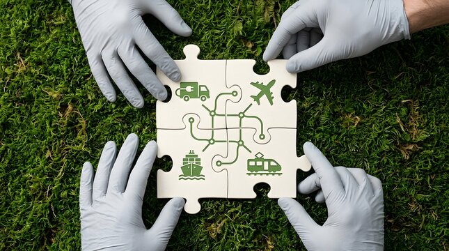Sustainable logistics network concept featuring hands assembling connected transportation puzzle pieces over green moss
