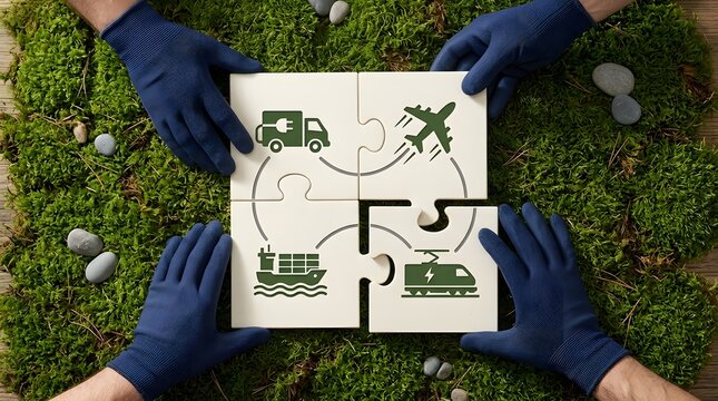 Global green supply chain integration displayed through interconnected transportation puzzle pieces on natural moss