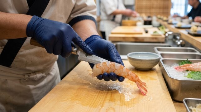 A close-up of a chef's gloved hands peeling and deveining raw shrimp (ebi) for nigiri, leaving the tail intact. The shrimp is translucent, pink-tinted. A small knife is used to make precise cuts.