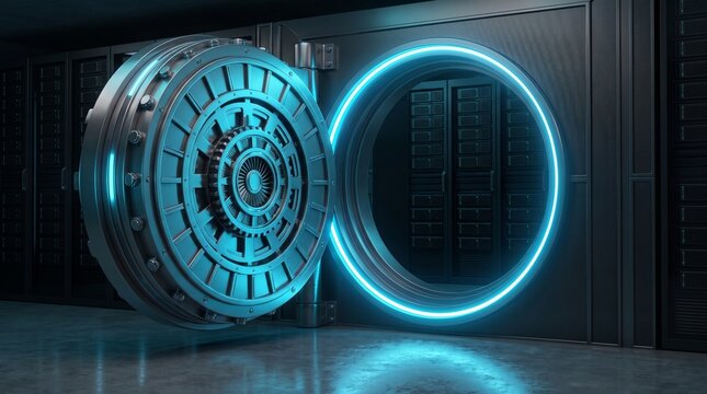 An open, futuristic vault door with glowing blue light revealing server racks inside a secure data center.