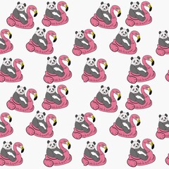 Cute cartoon panda bear and egret, pink and black color palette, beautiful textured seamless pattern design. © ArtDesign thailand