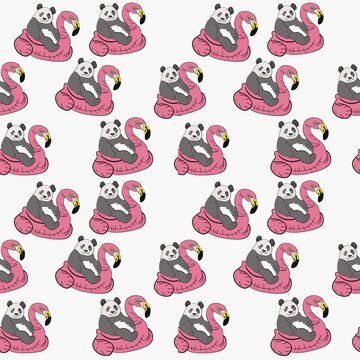 Cute cartoon panda bear and egret, pink and black color palette, beautiful textured seamless pattern design.