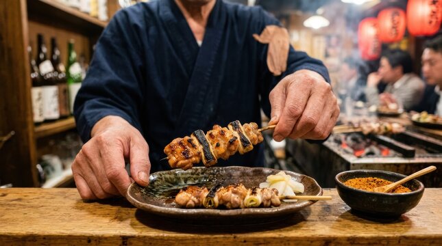 A close-up of a chef's hands placing a freshly grilled yakitori skewer on a plate, the meat glistening, the scallions charred. A small bowl of shichimi togarashi (seven-spice blend) is nearby.