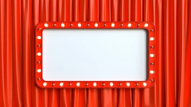 Empty Retro Light Sign Frame on Red Curtain Background