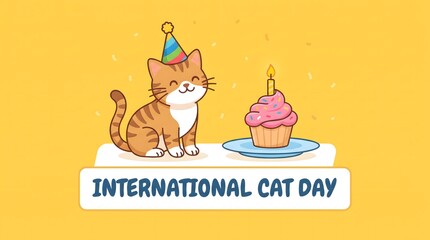 Fototapeta premium International cat day celebration with a cute cartoon kitten wearing a party hat next to a cupcake