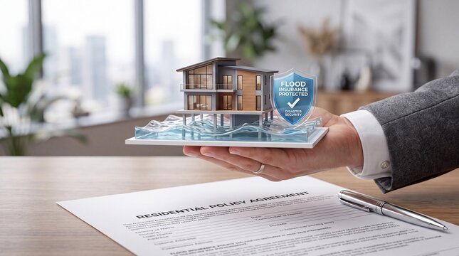 Professional insurance agent holding miniature house model representing comprehensive flood coverage protection plan