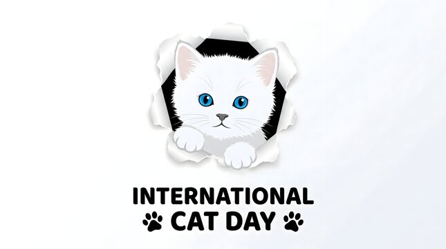 Cute white kitten peeking out of a torn paper hole to celebrate international cat day with whiskers