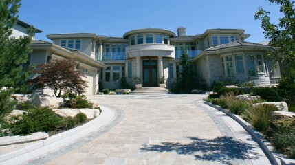 Obraz premium Stunning modern mansion with large driveway, landscaped garden, and clear blue sky, showcasing luxurious architecture and inviting entrance