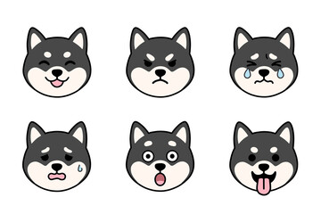 Fototapeta premium Cute black shiba inu face icons 6 expressions set