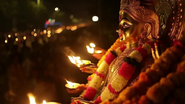 Navaratri festival, a huge idol of Goddess Durga adorned with colorful flowers and golden clothes, crowds of devotees carrying offerings while lighting oil lamps around it, Ai generated ... See More